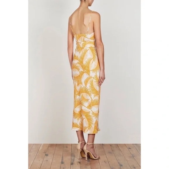 Shona Joy Phoenix Midi Slip Dress in Yellow/ Stone Belted Feather Print Size 6 - Picture 4 of 13